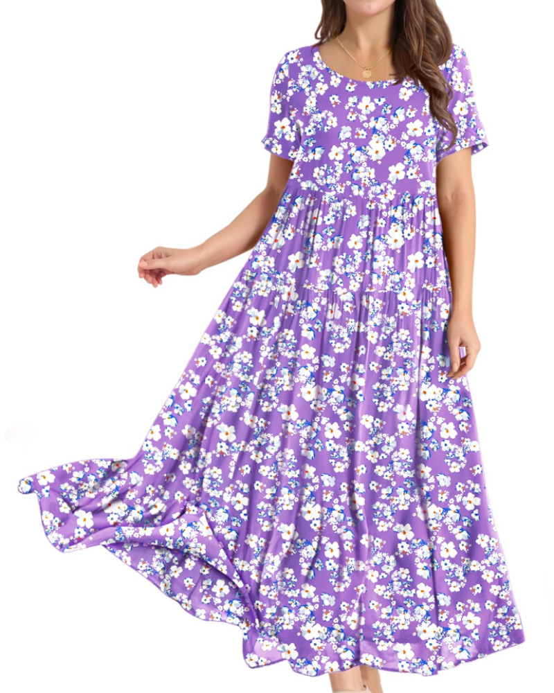 Rina Abito Maxi Donna – Abito Bohémien a Fiori Cotone Girocollo & Tasche Estate