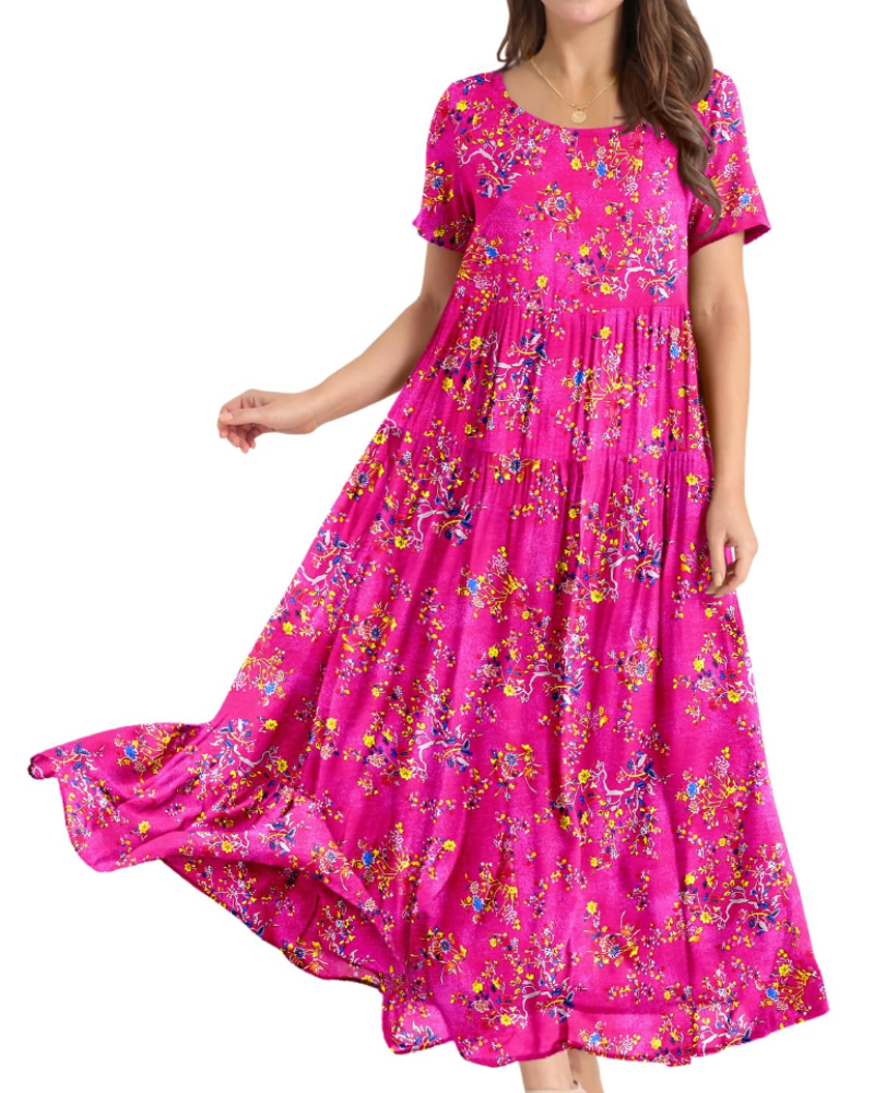 Rina Abito Maxi Donna – Abito Bohémien a Fiori Cotone Girocollo & Tasche Estate