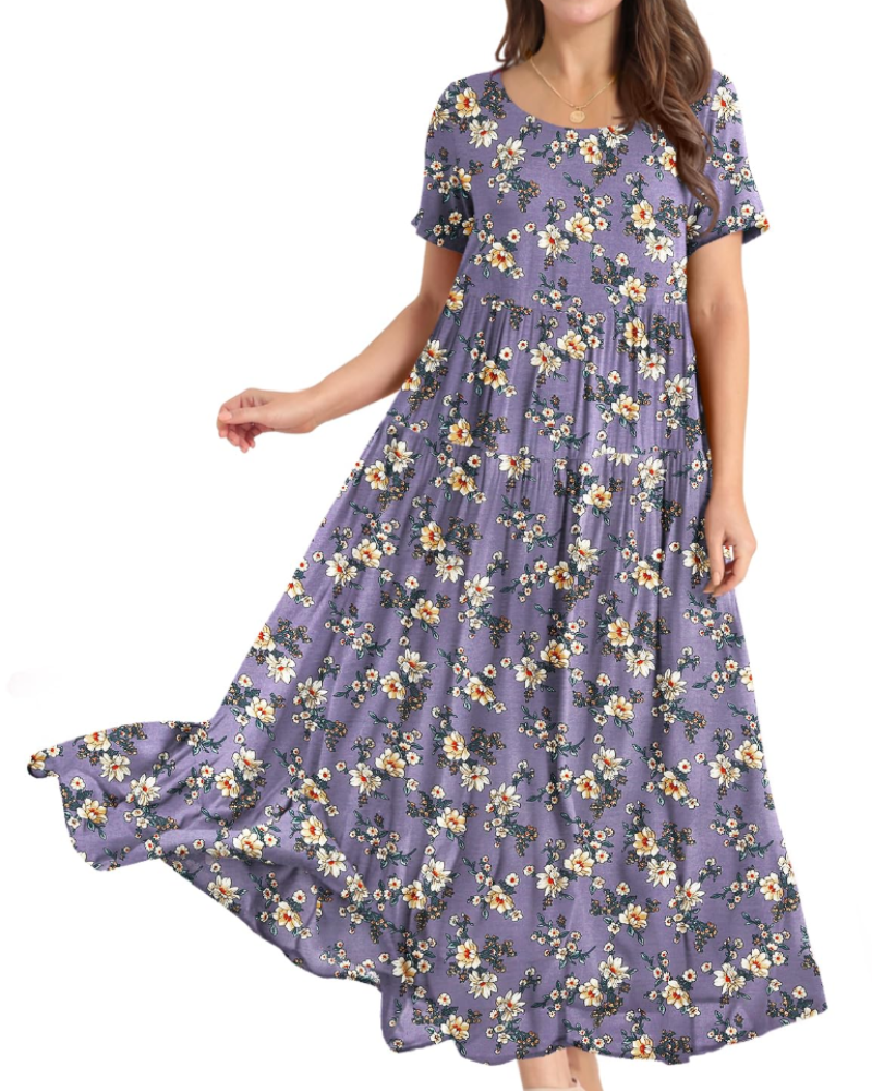 Rina Abito Maxi Donna – Abito Bohémien a Fiori Cotone Girocollo & Tasche Estate