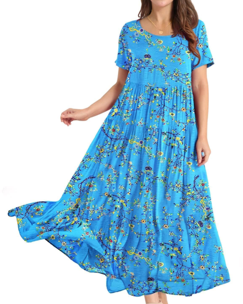 Rina Abito Maxi Donna – Abito Bohémien a Fiori Cotone Girocollo & Tasche Estate