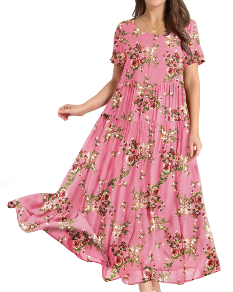 Rina Abito Maxi Donna – Abito Bohémien a Fiori Cotone Girocollo & Tasche Estate