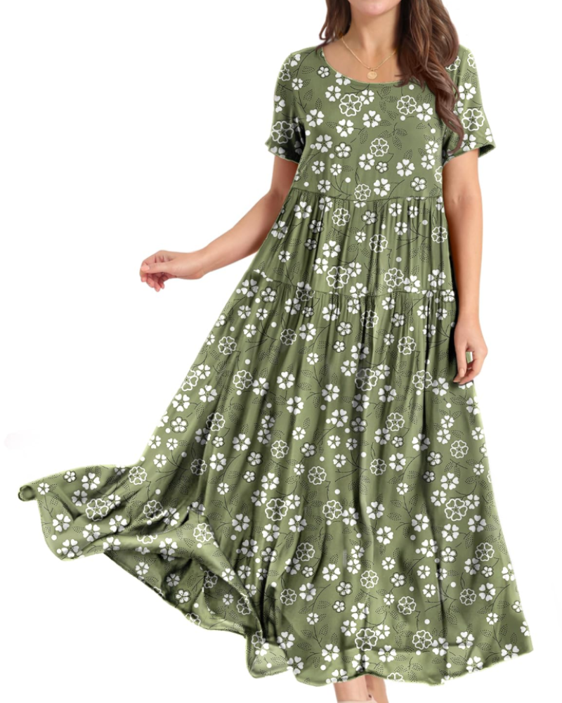 Rina Abito Maxi Donna – Abito Bohémien a Fiori Cotone Girocollo & Tasche Estate