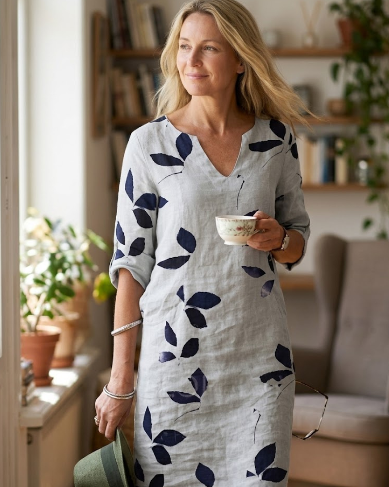 Madie Abito Donna Elegante – Abito Fluida Stampa Feuilles, Linea Flatteuse & Comfort