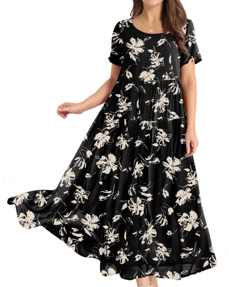Rina Abito Maxi Donna – Abito Bohémien a Fiori Cotone Girocollo & Tasche Estate