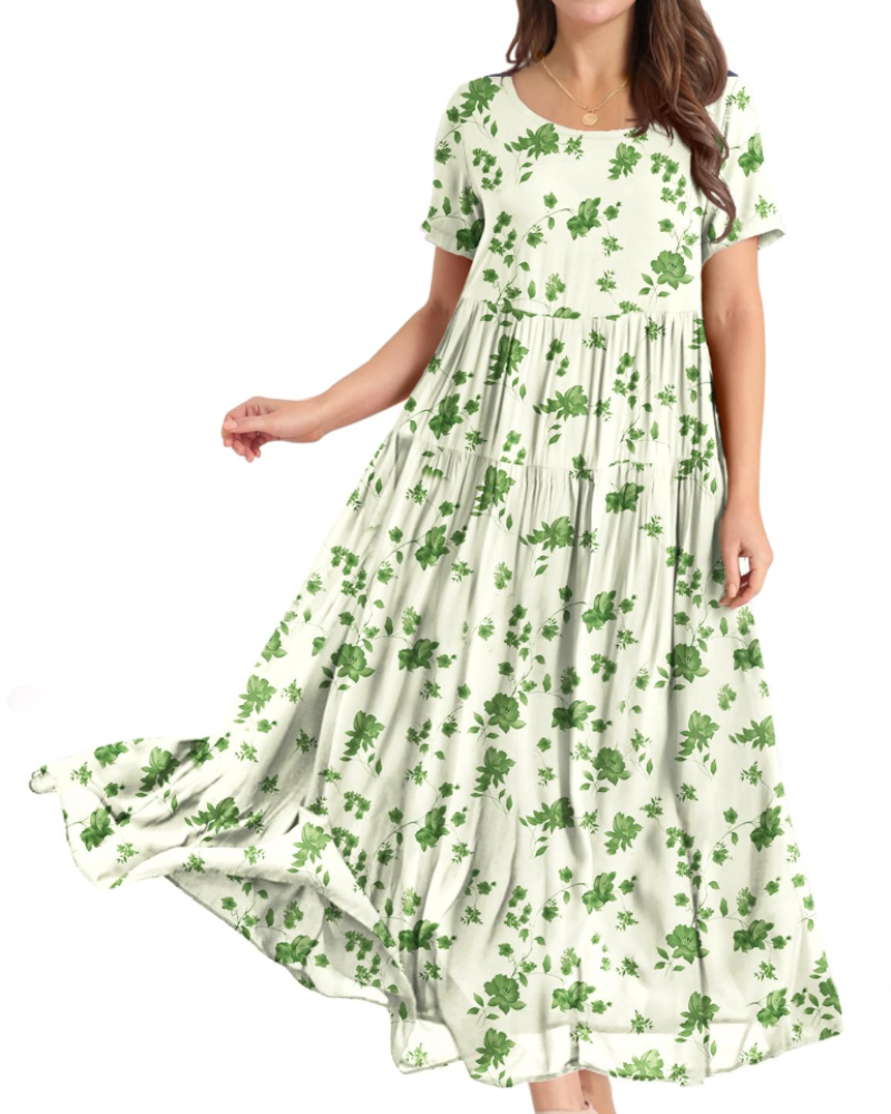 Rina Abito Maxi Donna – Abito Bohémien a Fiori Cotone Girocollo & Tasche Estate