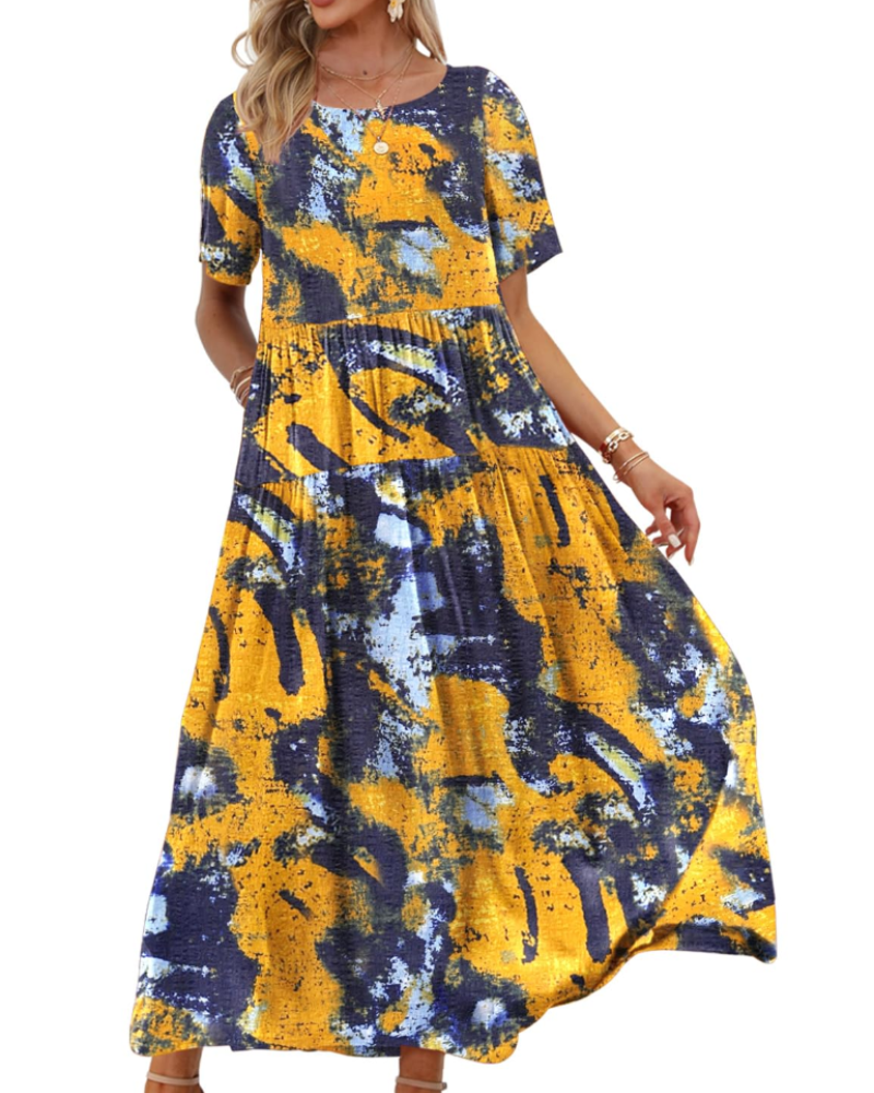 Rina Abito Maxi Donna – Abito Bohémien a Fiori Cotone Girocollo & Tasche Estate