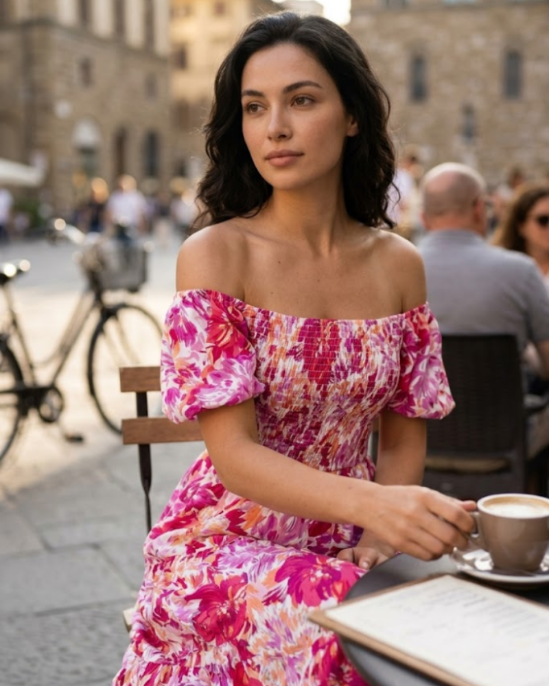 Juanna Abito Midi Donna Estate – Abito Scollo Quadrato Smockée con Manches Bouffantes & Balze