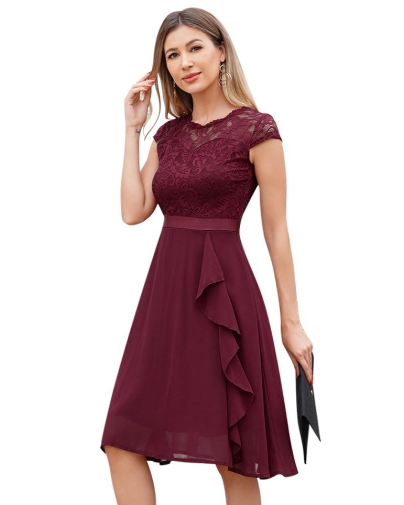 Roxy Abito Cocktail Donna – Abito Pizzo Chiffon Balze Elegante Midi