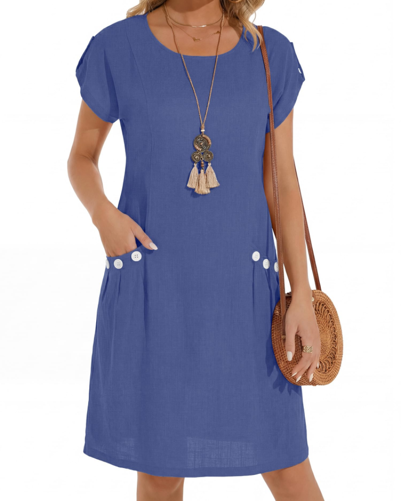 Joyce Abito Lin Donna – Abito Midi a Trapezio Girocollo Tasche Estate Casual