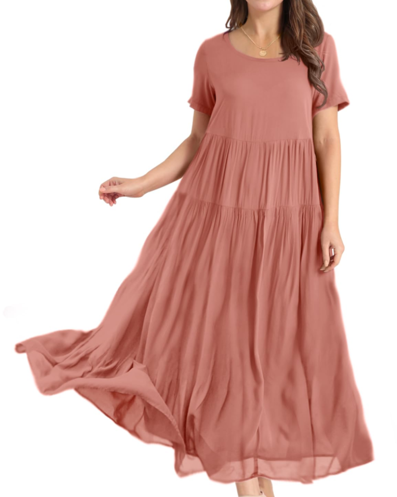 Rina Abito Maxi Donna – Abito Bohémien a Fiori Cotone Girocollo & Tasche Estate
