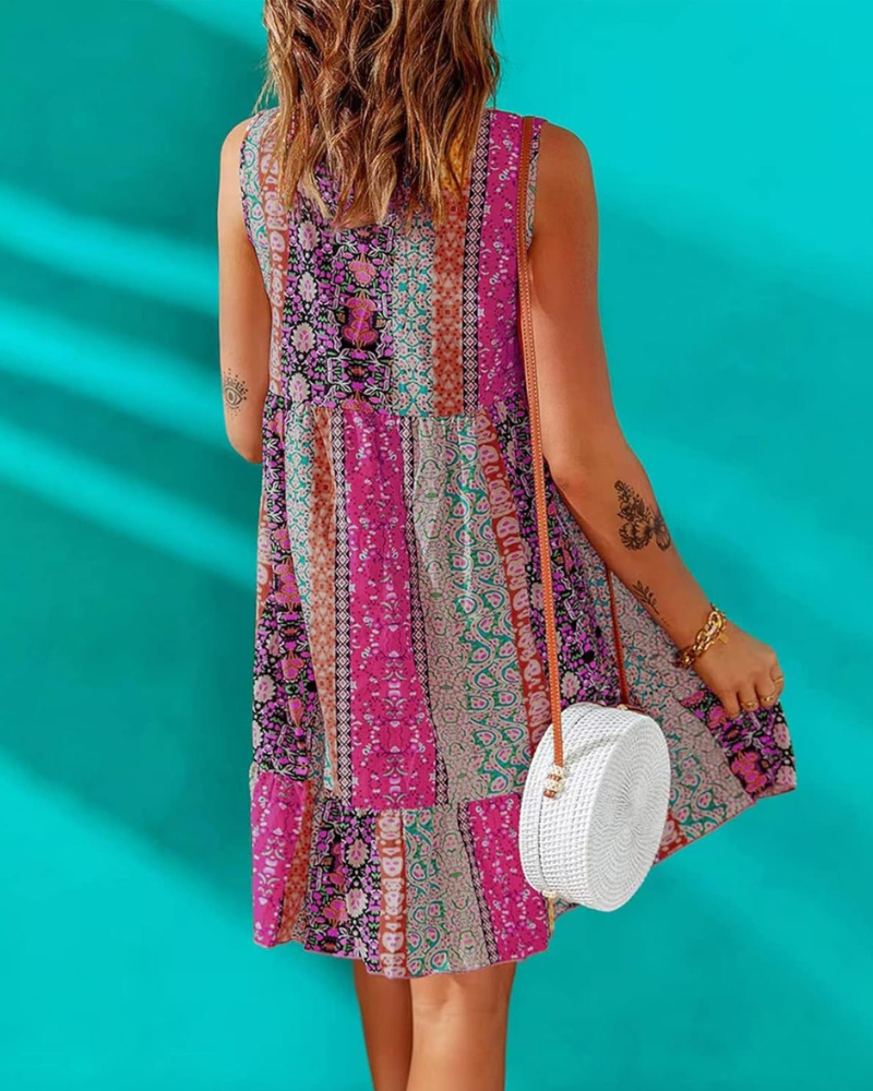 Luna Abito Donna Mini a Fiori – Scollo a V, Senza Maniche, Linea a Trapezio Bohémien Estate