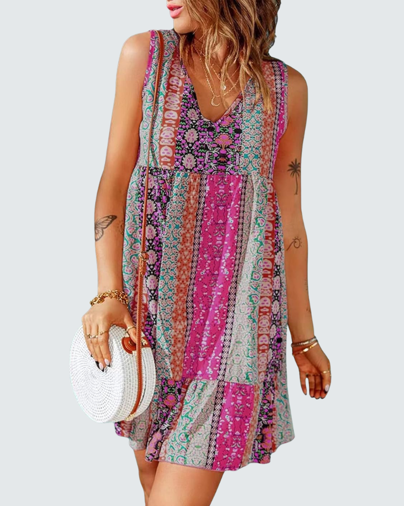 Luna Abito Donna Mini a Fiori – Scollo a V, Senza Maniche, Linea a Trapezio Bohémien Estate