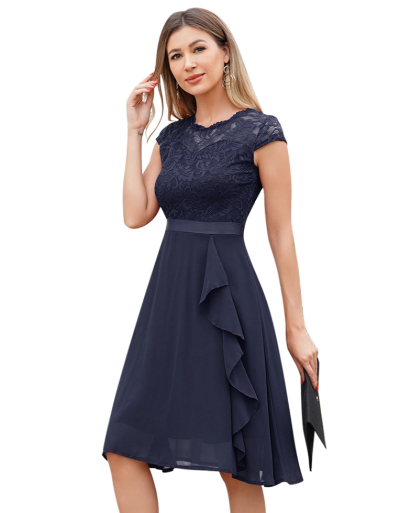 Roxy Abito Cocktail Donna – Abito Pizzo Chiffon Balze Elegante Midi