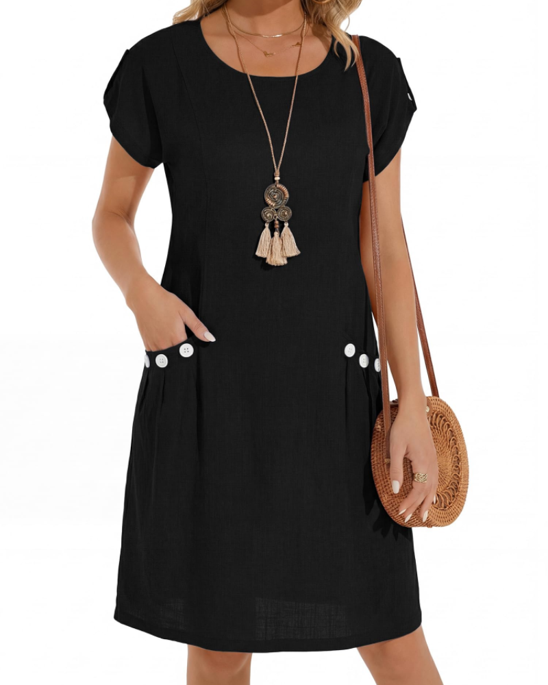 Joyce Abito Lin Donna – Abito Midi a Trapezio Girocollo Tasche Estate Casual