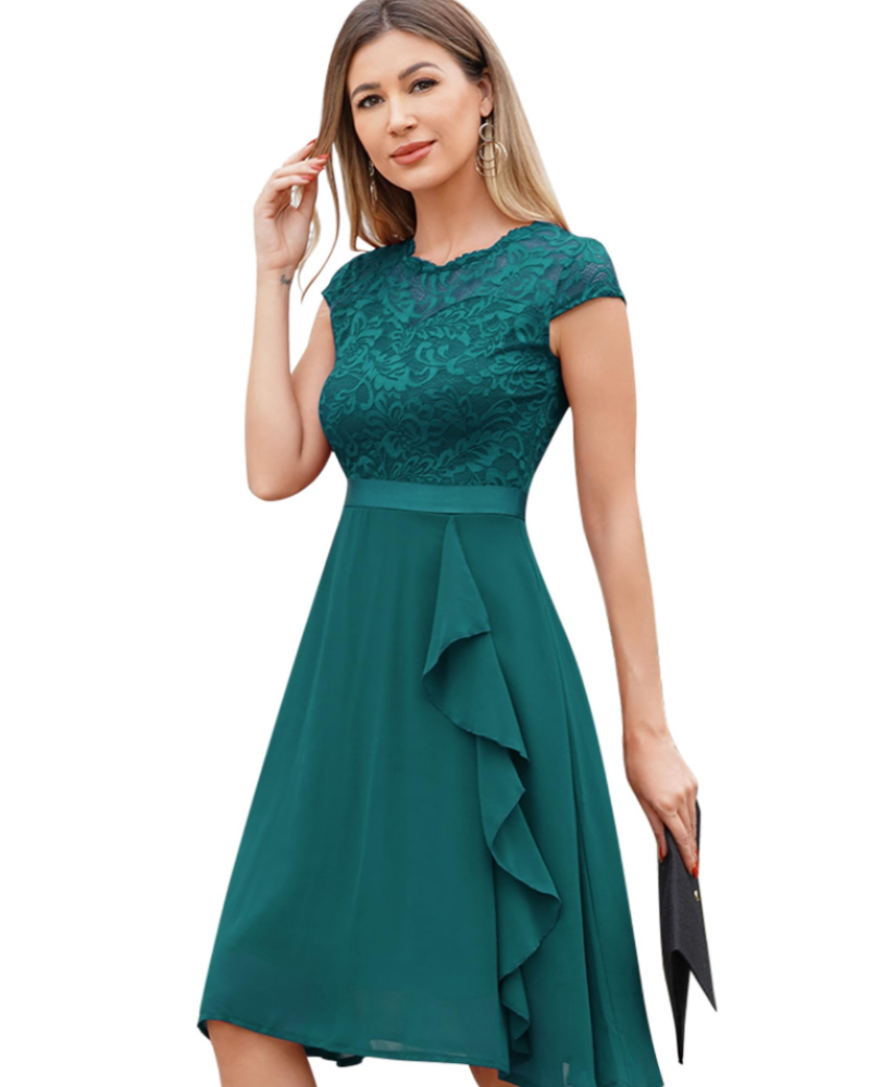 Roxy Abito Cocktail Donna – Abito Pizzo Chiffon Balze Elegante Midi