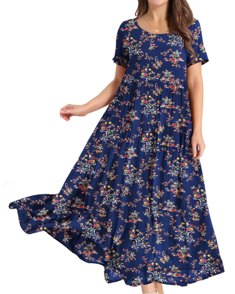 Rina Abito Maxi Donna – Abito Bohémien a Fiori Cotone Girocollo & Tasche Estate