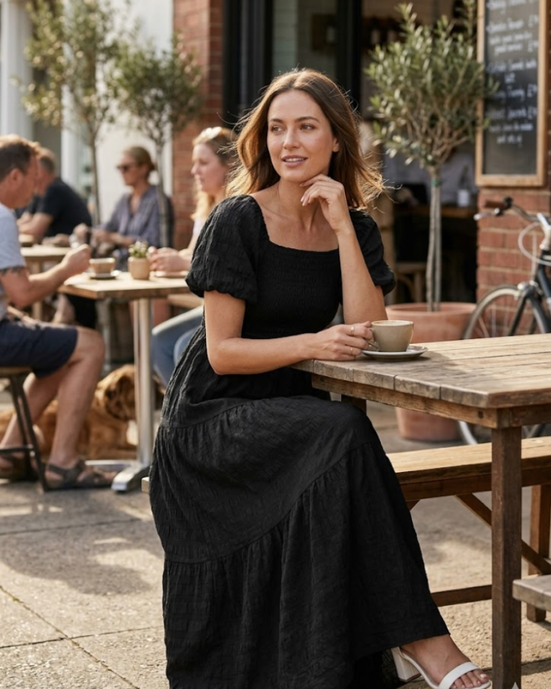 Reese Abito Maxi Donna Estate – Abito Scollo Quadrato Smockée, Manches Bouffantes & Balze Fluida