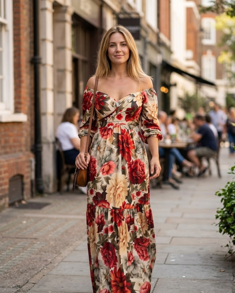 Rosalie Abito Maxi Donna – Abito a Fiori Épaules Dénudées, Gonna Balze & Style Romantique