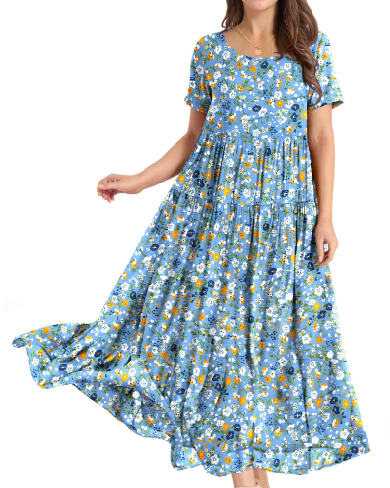 Rina Abito Maxi Donna – Abito Bohémien a Fiori Cotone Girocollo & Tasche Estate