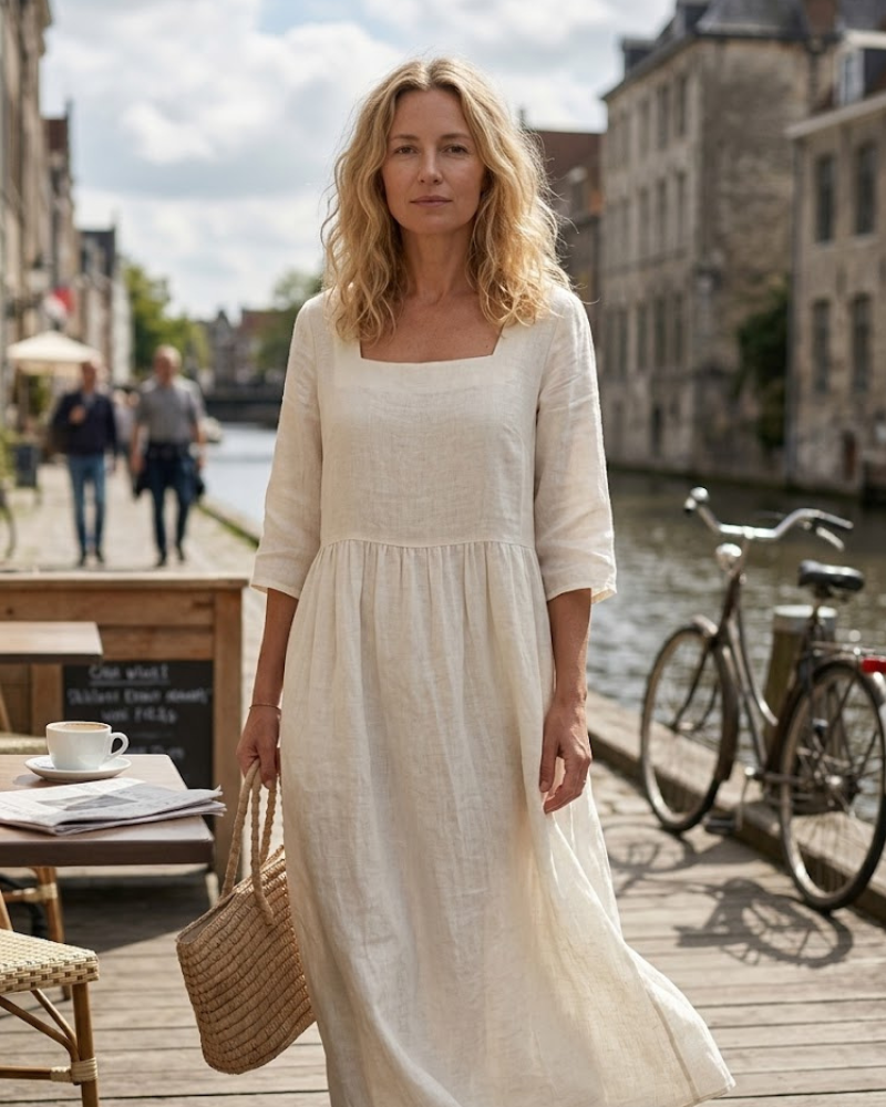 Rosita Abito Lin Donna – Abito Estate Scollo Quadrato, Vestibilità Ampia & Tissu Cotone Lin Respirant