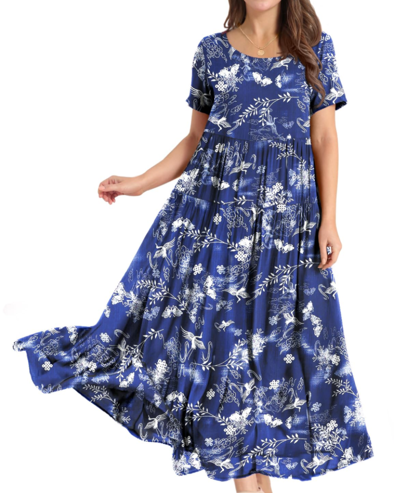 Rina Abito Maxi Donna – Abito Bohémien a Fiori Cotone Girocollo & Tasche Estate