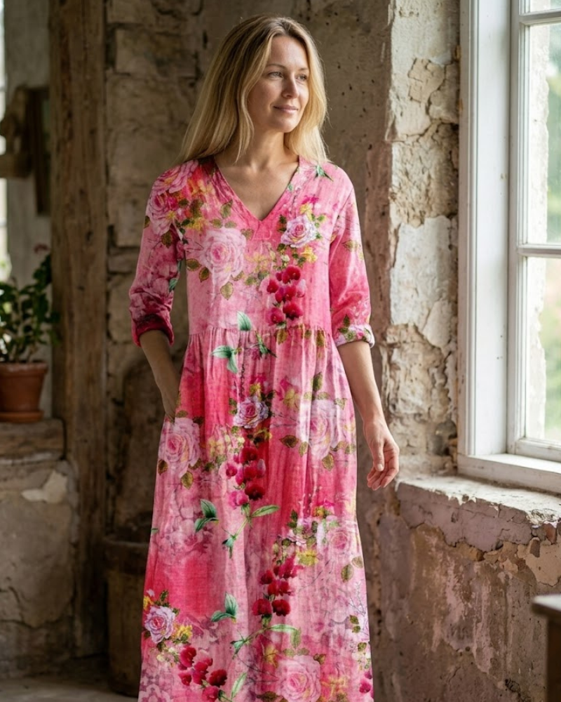 Ignacia Abito Maxi Donna – Abito a Fiori Scollo a V, Manches 3/4 & Élégance Romantique