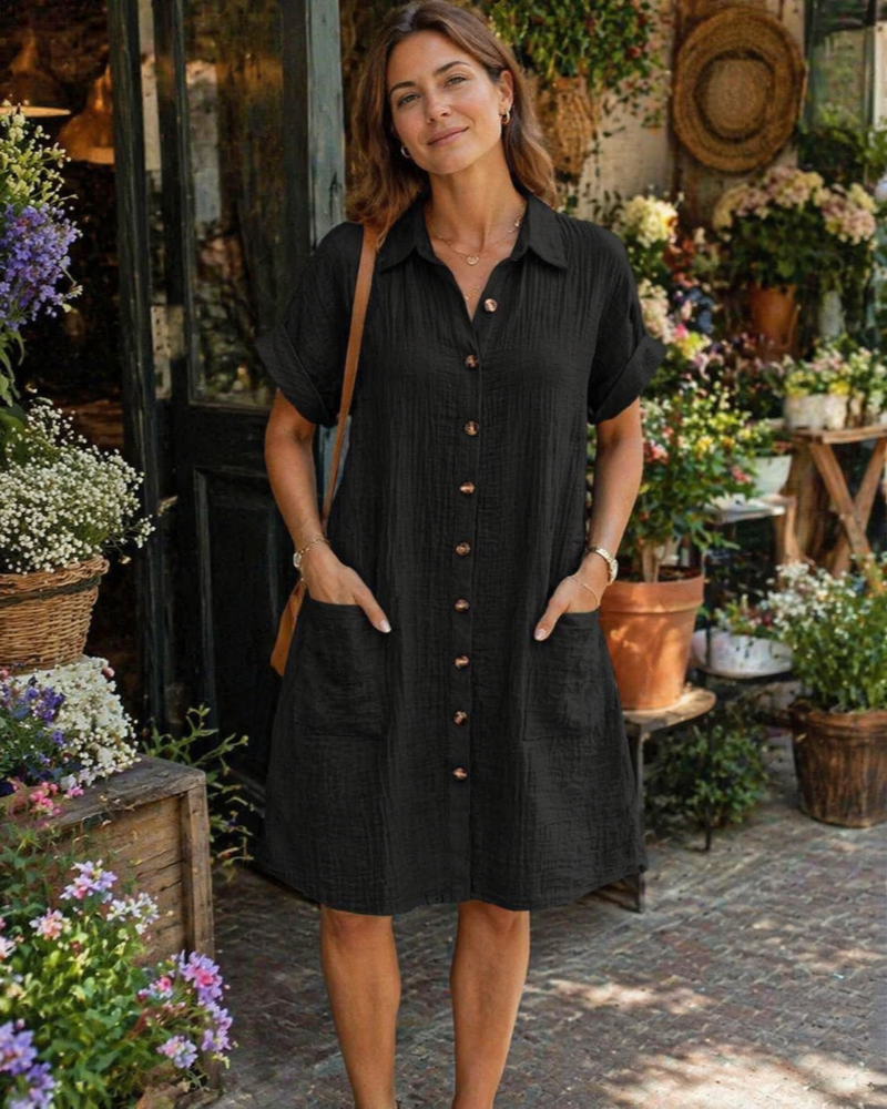 Yvette Abito Donna – Abito Camicia Scollo a V Boutonnée con Tasche Linea Fluida Bohémien Chic