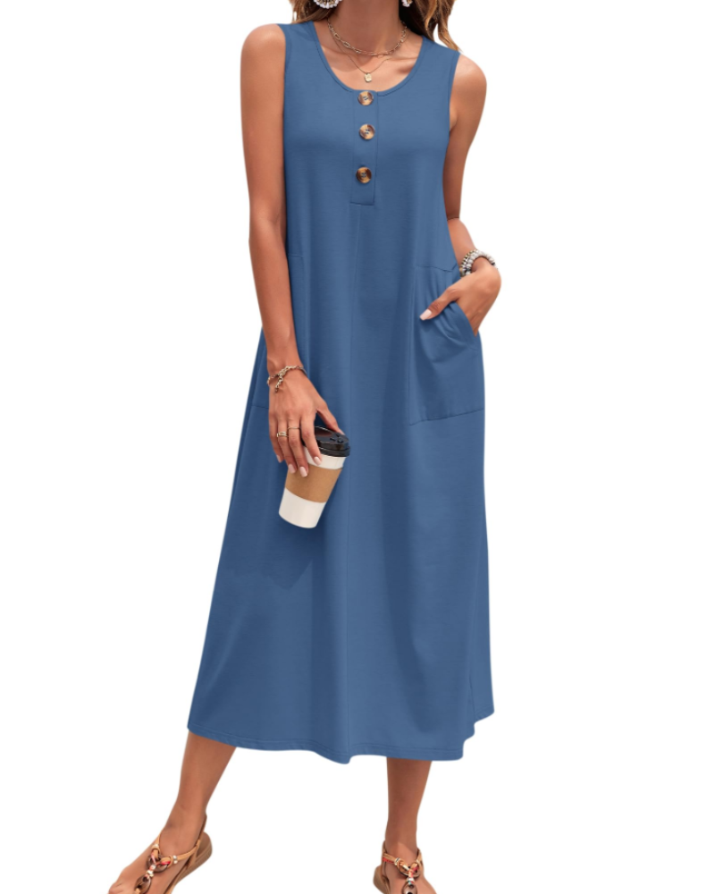 Julia Abito Donna – Abito Maxi a Trapezio Senza Maniche Boutonnée con Tasche Estate Casual