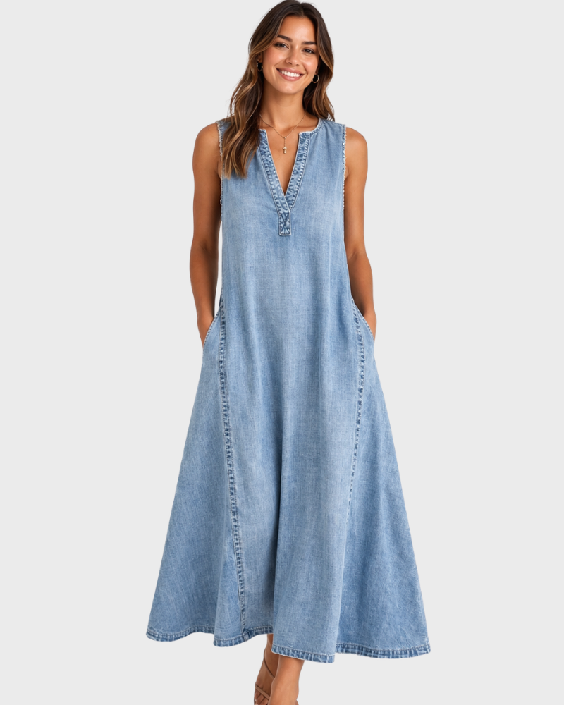 Rochelle Abito Senza Maniche Donna – Denim Leggero, Scollo a V & Linea Svasata Estate