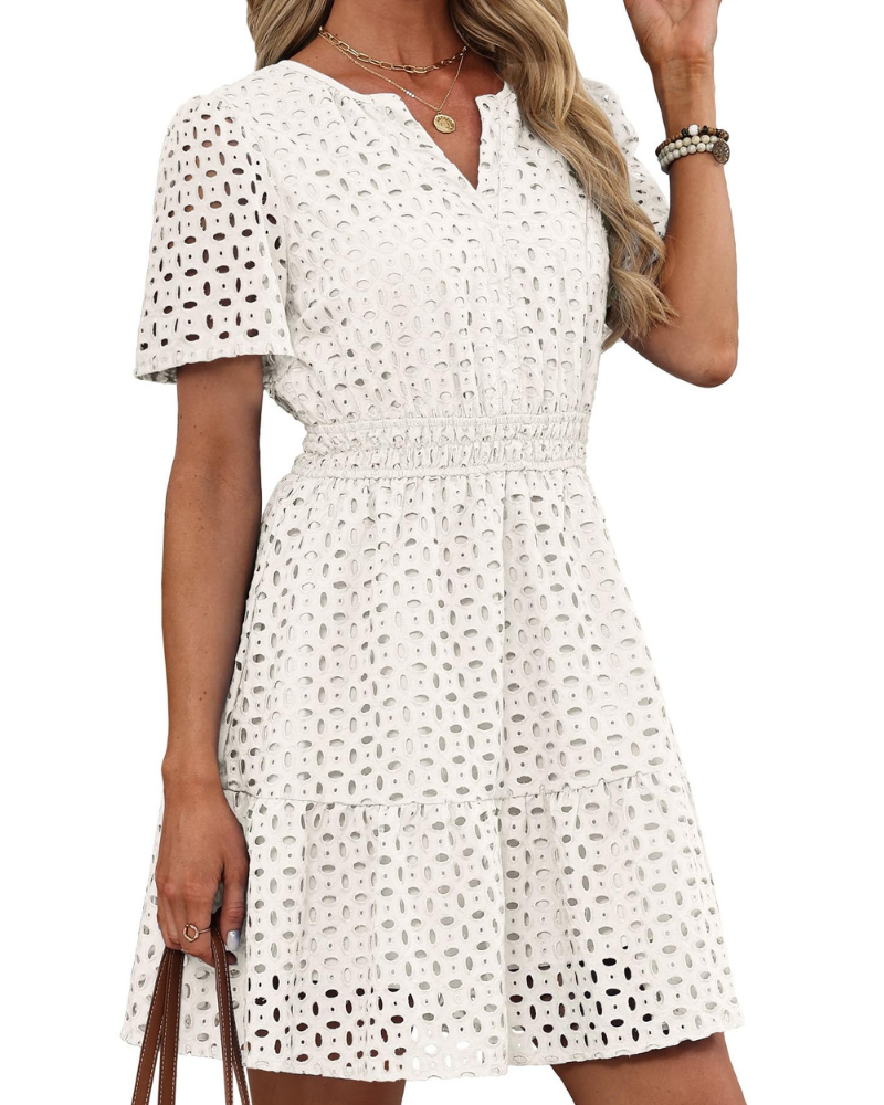 Hedwig Abito Donna – Scollo a V Pizzo Brodée, Maniche Corte & Linea Mini Vita Alta Estate