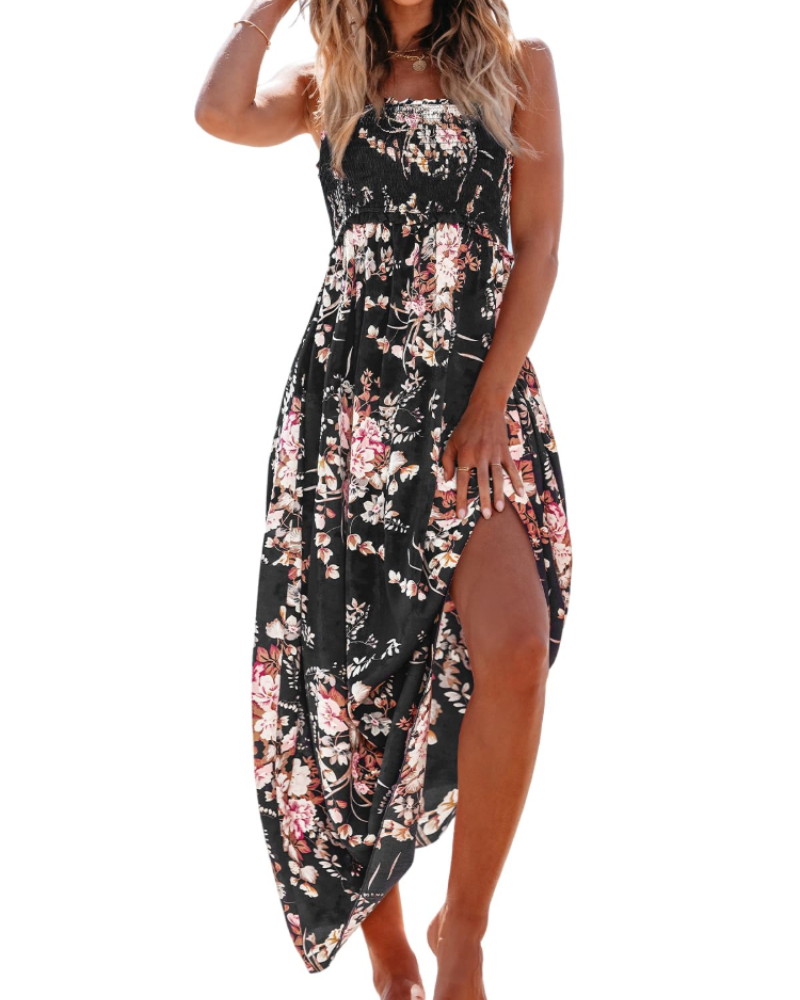 Jheda Abito Longue Donna – Abito Maxi a Fiori Smockée Bretella Fines Balze Bohémien Chic Estate