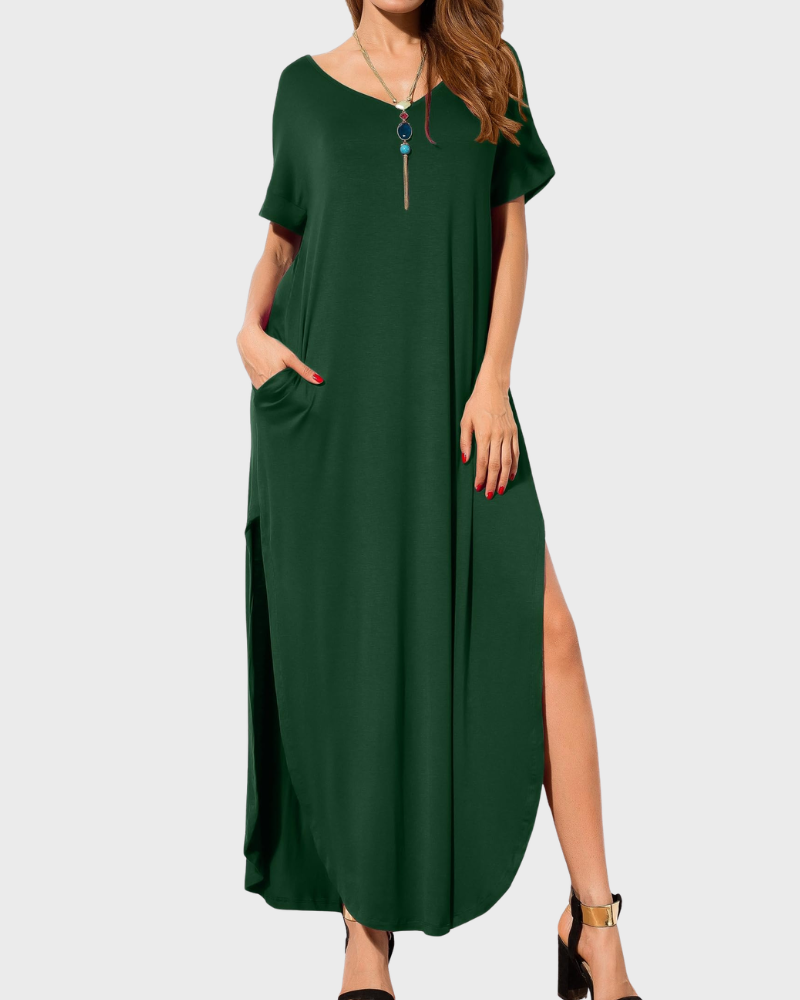 Rosenda Abito Maxi Donna – Scollo a V Maniche Corte, Linea Fluida & Fente con Tasche Estate