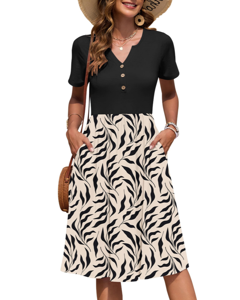 Ester Abito Donna – Abito Estate Mi-Longue Scollo a V Maniche Corte Boutonnée Taille Empire Tasche