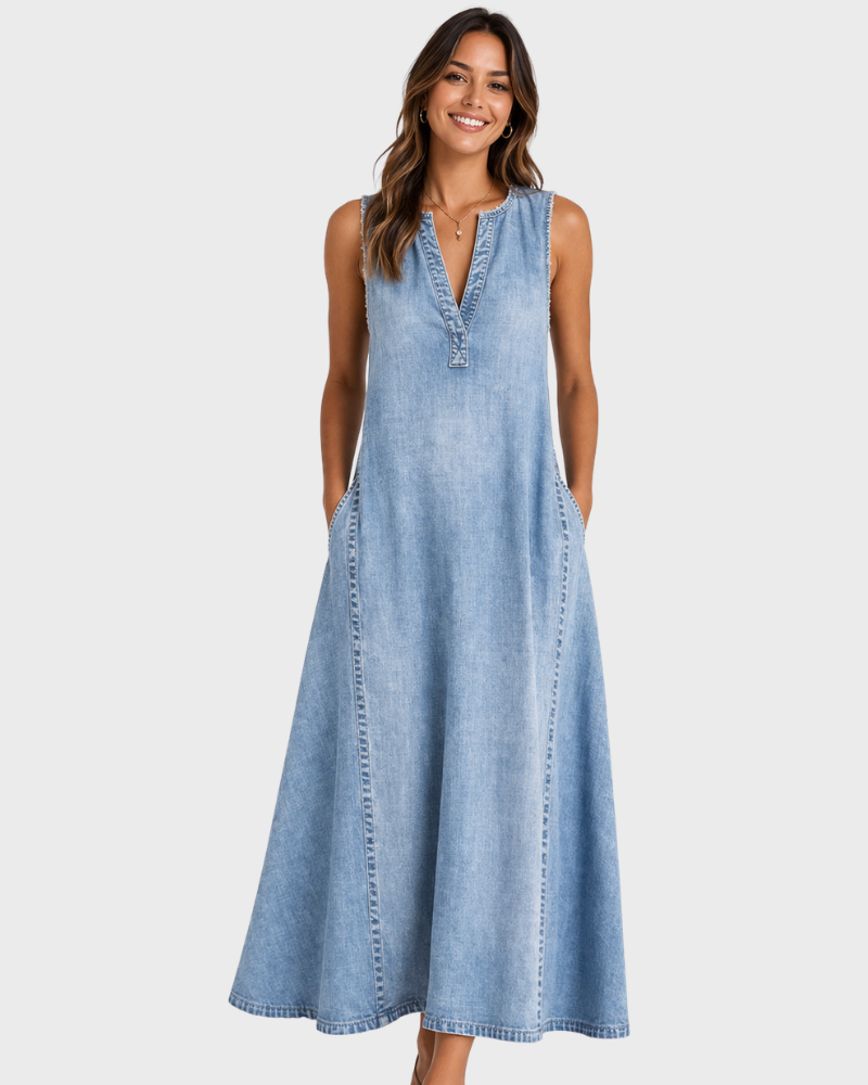Rochelle Abito Senza Maniche Donna – Denim Leggero, Scollo a V & Linea Svasata Estate