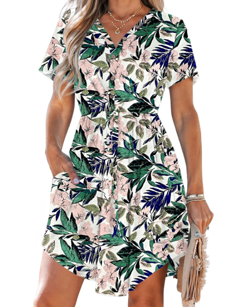 Wenna Abito Donna – Abito Mini Scollo a V Maniche Corte Taille Coulissée con Tasche Estate