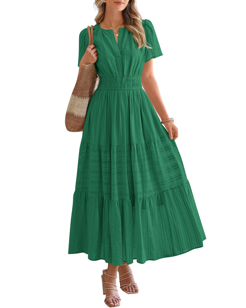 Eliza Abito Donna – Abito Maxi Bohémien Scollo a V Maniche Corte Vita Elastica Fluida Tasche