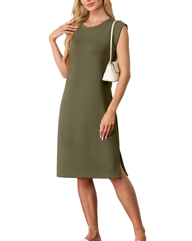 Wensy Abito Donna – Girocollo Senza Maniche, Linea Midi con Fente & Tasche Elegante