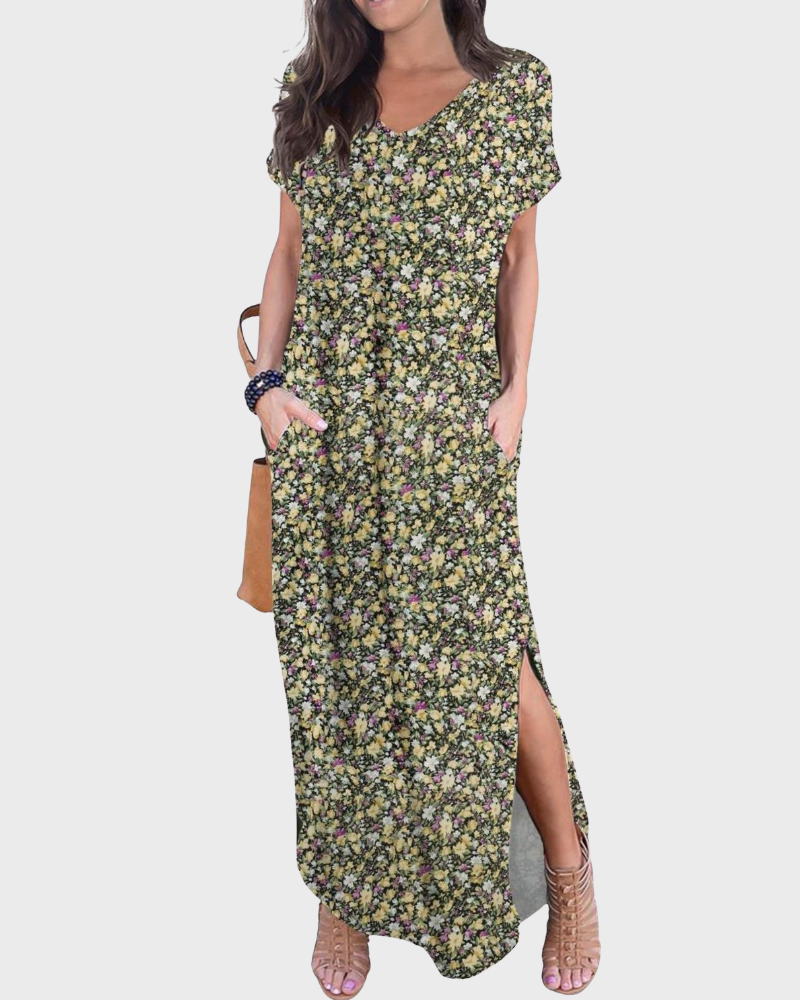 Rosenda Abito Maxi Donna – Scollo a V Maniche Corte, Linea Fluida & Fente con Tasche Estate