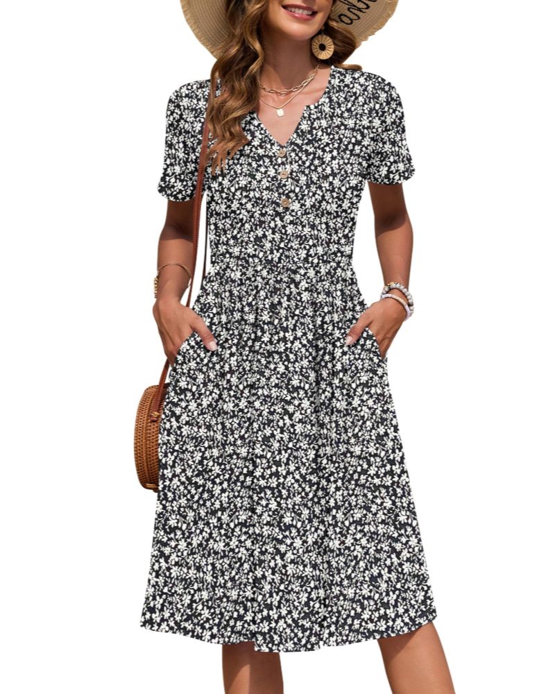 Ester Abito Donna – Abito Estate Mi-Longue Scollo a V Maniche Corte Boutonnée Taille Empire Tasche
