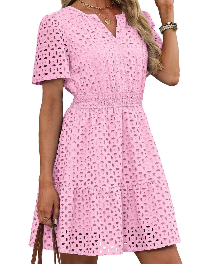 Hedwig Abito Donna – Scollo a V Pizzo Brodée, Maniche Corte & Linea Mini Vita Alta Estate