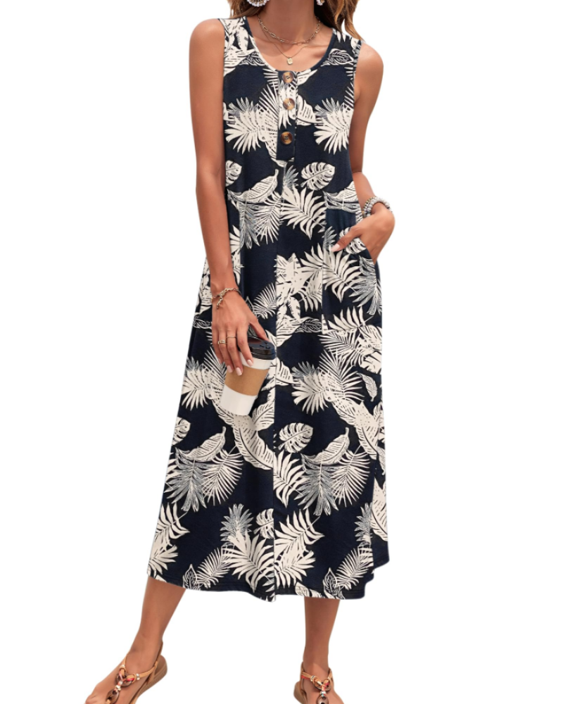 Julia Abito Donna – Abito Maxi a Trapezio Senza Maniche Boutonnée con Tasche Estate Casual