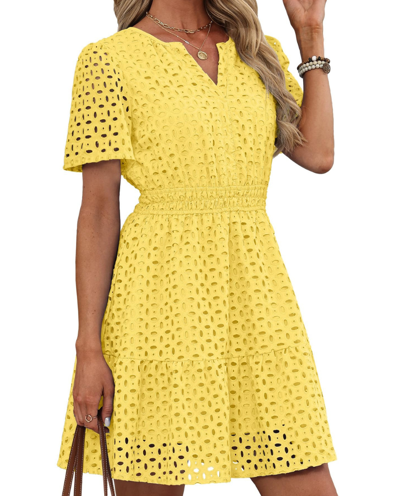 Hedwig Abito Donna – Scollo a V Pizzo Brodée, Maniche Corte & Linea Mini Vita Alta Estate