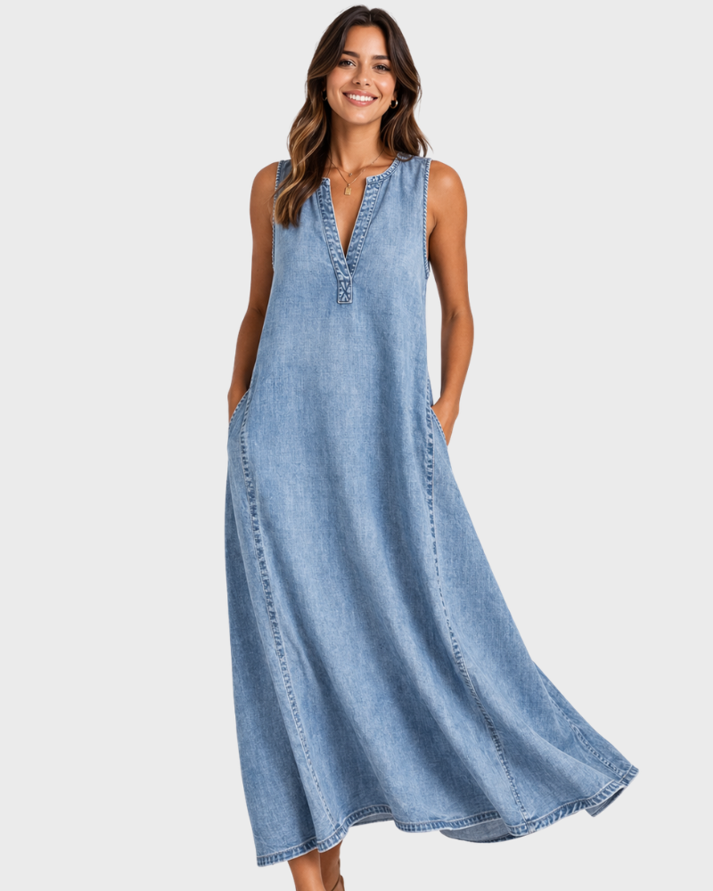 Rochelle Abito Senza Maniche Donna – Denim Leggero, Scollo a V & Linea Svasata Estate