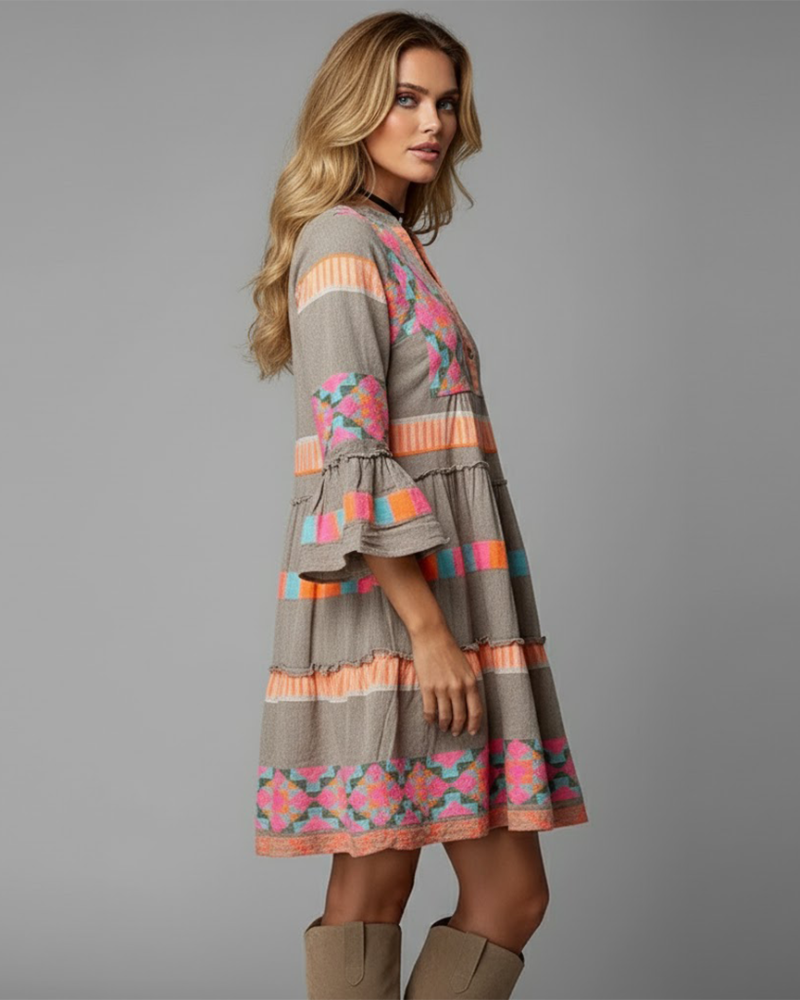 Juris Abito Bohémien Donna – Abito Fluida Imprimée, Manches Évasées & Style Coloré