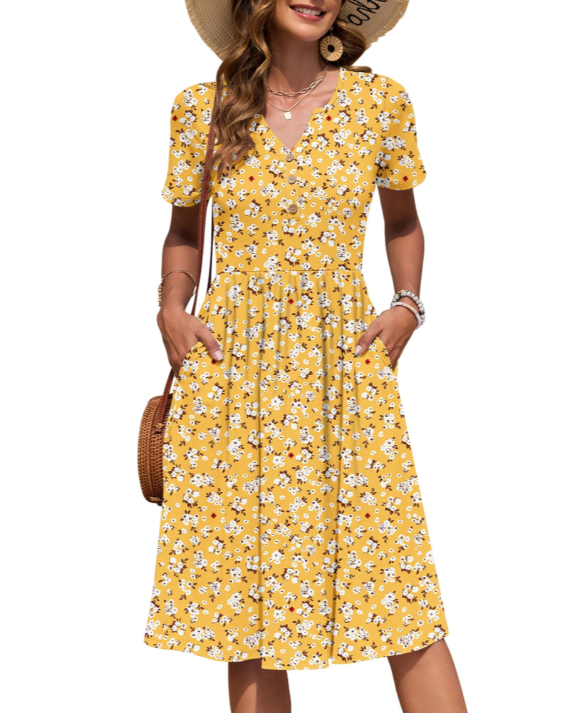 Ester Abito Donna – Abito Estate Mi-Longue Scollo a V Maniche Corte Boutonnée Taille Empire Tasche