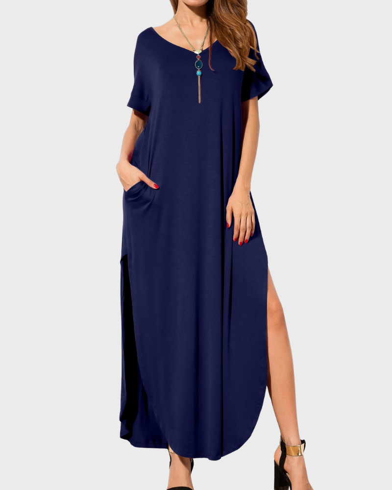 Rosenda Abito Maxi Donna – Scollo a V Maniche Corte, Linea Fluida & Fente con Tasche Estate