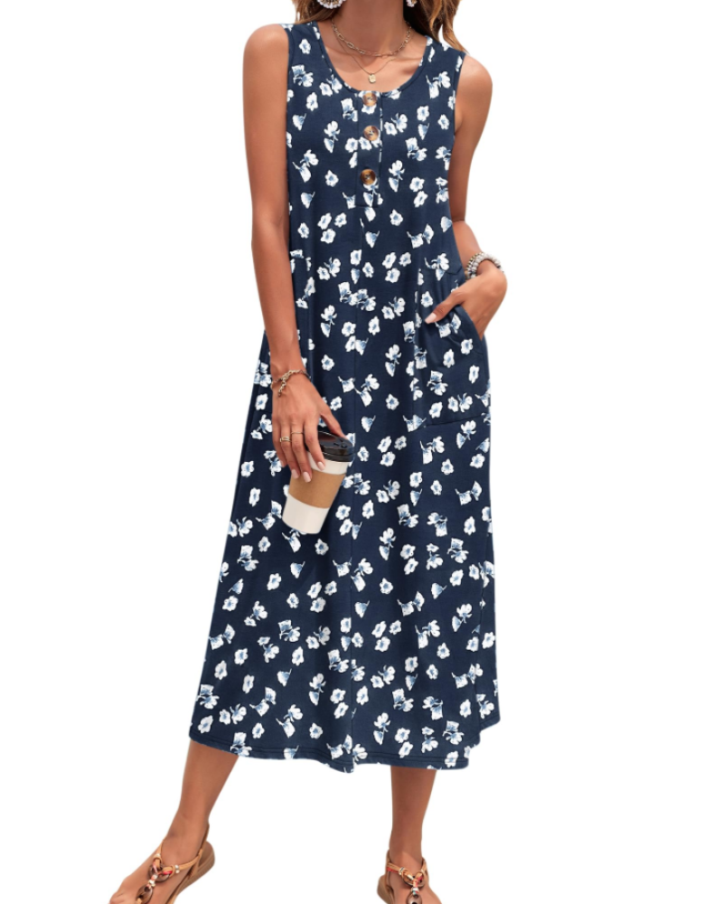 Julia Abito Donna – Abito Maxi a Trapezio Senza Maniche Boutonnée con Tasche Estate Casual