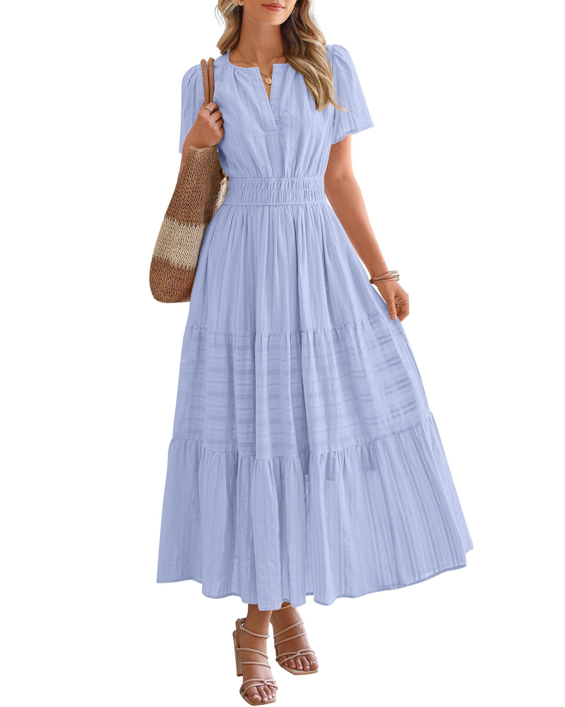 Eliza Abito Donna – Abito Maxi Bohémien Scollo a V Maniche Corte Vita Elastica Fluida Tasche