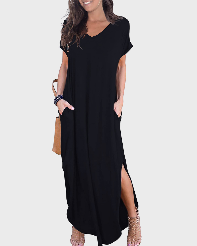 Rosenda Abito Maxi Donna – Scollo a V Maniche Corte, Linea Fluida & Fente con Tasche Estate