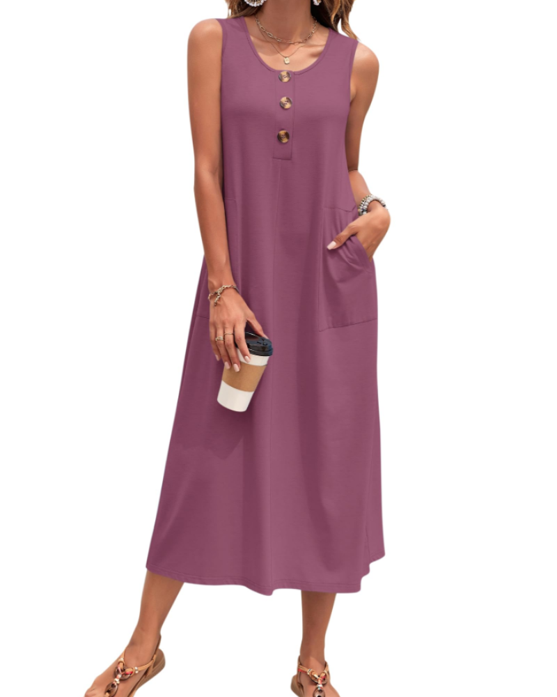 Julia Abito Donna – Abito Maxi a Trapezio Senza Maniche Boutonnée con Tasche Estate Casual
